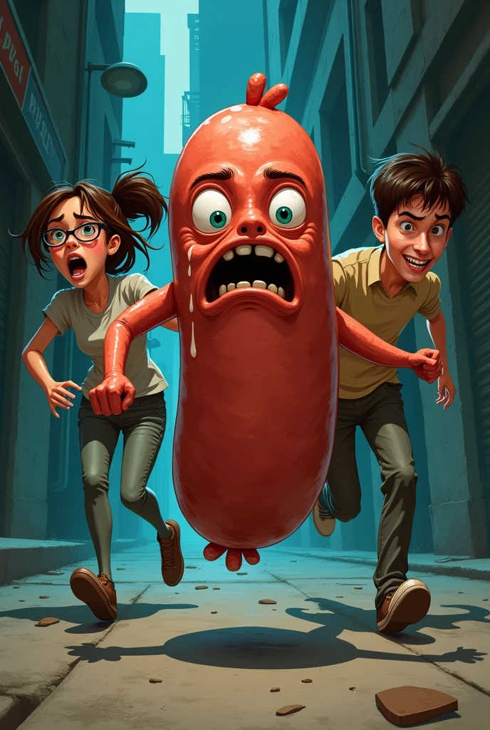 Saucisson sec ( avec visage effrayé) qui se fait poursuivre par deux adolescent (une fille brune avec des lunettes et un garçon brun)