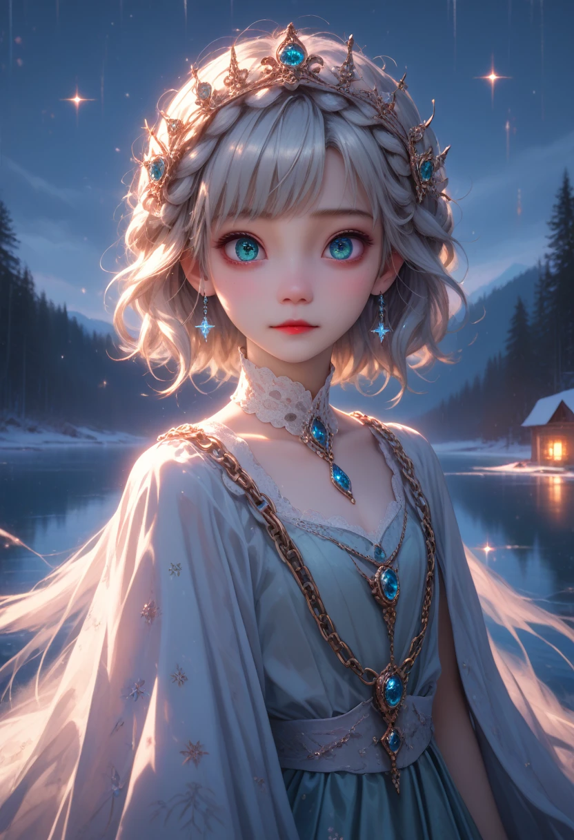 Young woman, anime, gorgeous, sparkles, Sexy on the Frozen Lake,HD wallpaper, luminous arcs and metal light chains on the frozen surface of the lake, cinematic poster style overhead photography and high definition, Game of Thrones style, unpleasant, Horror, A terrifying look, uhd, permission 8k, balanced, High Dynamic Range Color, strong moment, The Full Picture of What&#39;s Happening, masterpiece, Максимум Деталей sparkles, beauty eyes,