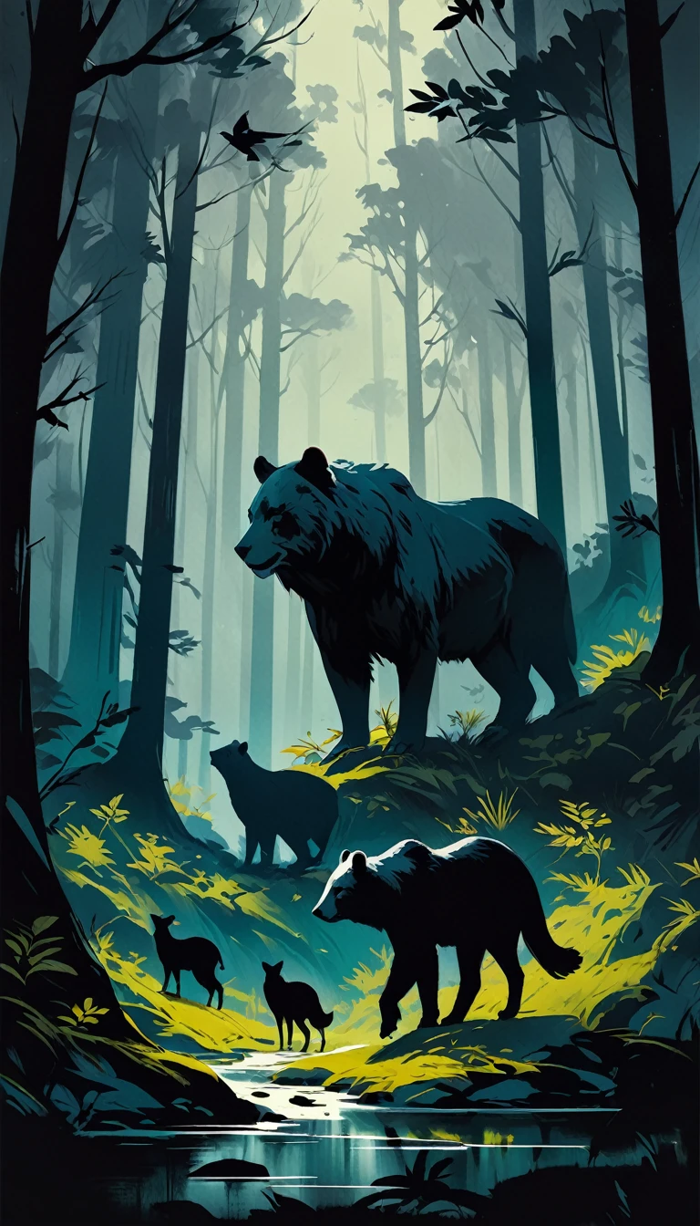 artist by Olly Moss,inside the forest,wild animals,dark tones,(smooth strokes),fine sketches,Vivid,Moody,Landscapes,Fantasy,Dark,landscape oil painting,