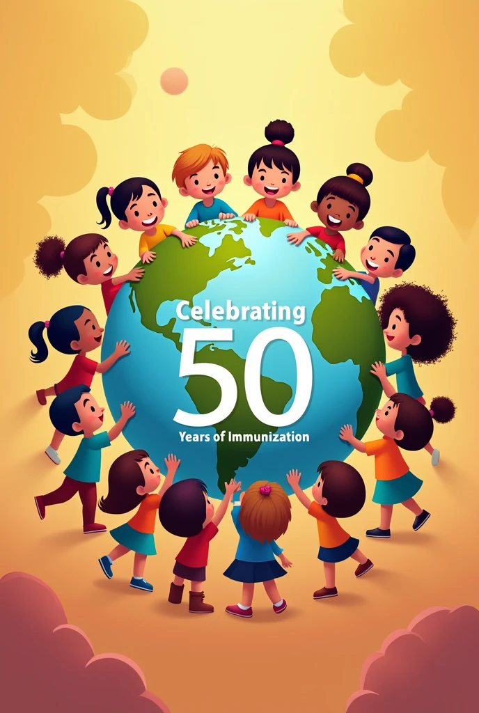 A pic which demonstrate "50 years of celebrating immunization " and include childrens having vaccine joining hands together making globe sign.
There should be clearly mentioned " celebrating 50 year of immunization "