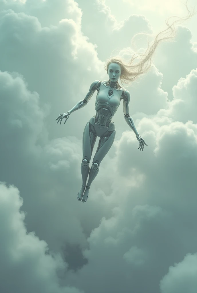 Robotic woman falling from the sky in a lying position among the clouds 