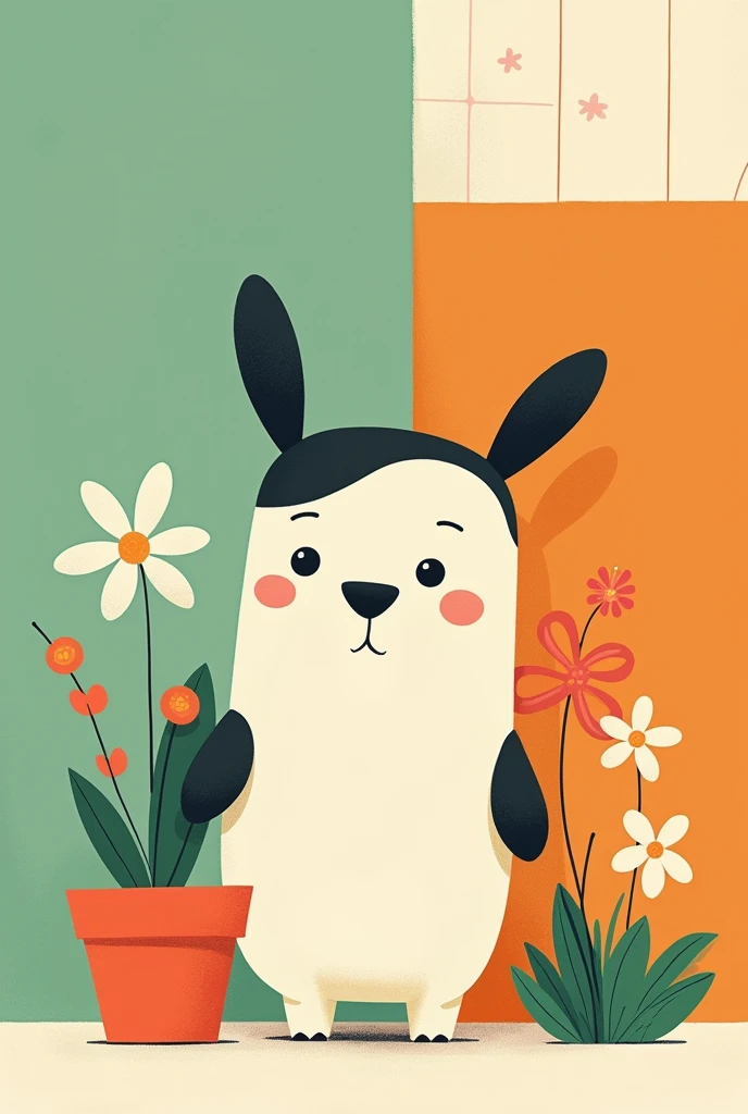 Victor Nai's style, beautiful details,simple,modern,advanced,cute,Color blocking,flowers,Orange,light green,grid,line,illustration,vigor,pixar