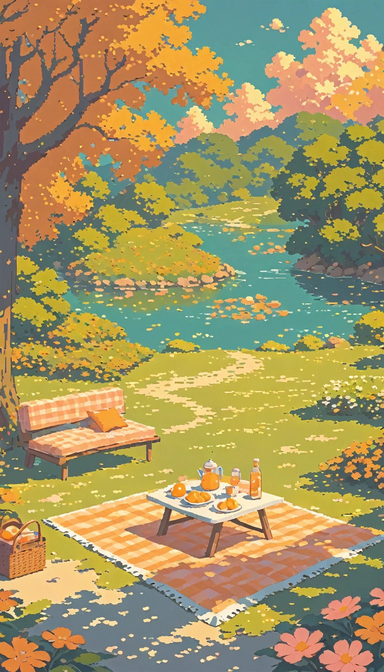 landscape lofi pixel, No people ,Cozy,Orange Pink,picnic