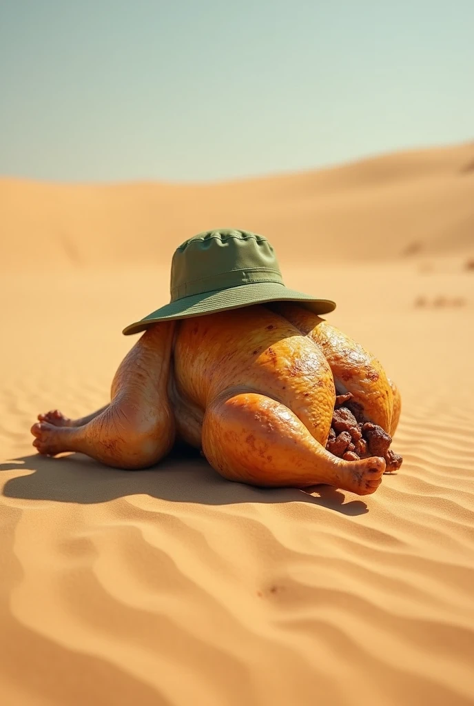 A death Roast chicken without face, wearing a olive green safari bucket hat, lying on a dune without water for sunbathe