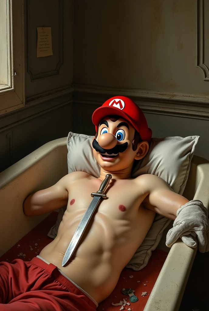 Recreate the work "on the death of Marat 1793" with super mario's face and marat's body