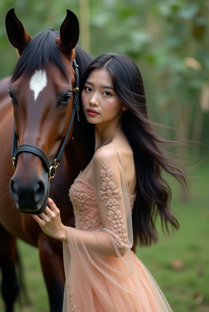 Indonesian women, 22 old years, with horse, wearing asian long dress, beautiful, black hair, 