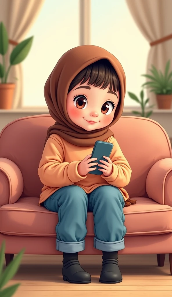 Cartoon with text:
(masterpiece, best quality, 4k, expressive eyes, perfect face, 2d style, flat style, hand drawn, drawing, perfect illustration, screencap), Cute and adorable face, big detailed eyes,, Cute little cartoon girl, with brown hijab on, bangs, , ((peach sweater, baggy jeans, black socks)), in living room, using phone, ((perfect feet, beautiful feet)), full body view, sitting on sofa
