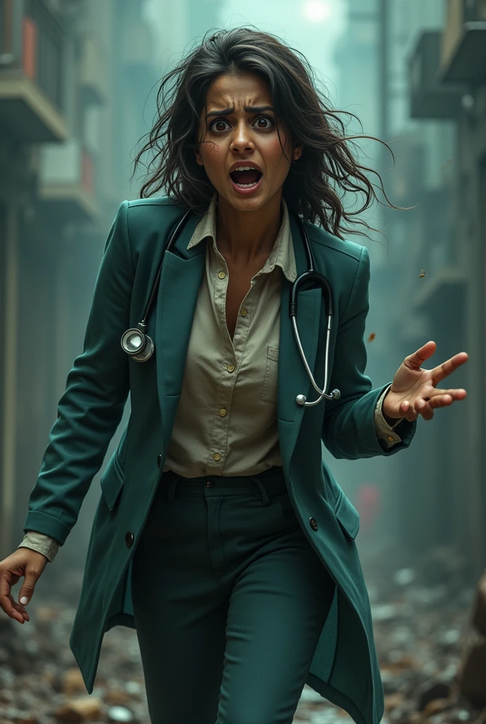 A doctor girls scared and shocked with dark circles messy hair in air and dirty clothes alot and shouting more scared and Bengali more scared wearing a suit