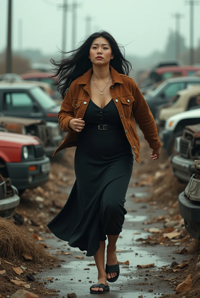(photorealism:1.2), A curvy Asian woman, long wavy black hair, wearing jacket suede brown,wearing a long black dress, black sandals, is running in a dumping ground for used cars, there are piles of damaged cars, scrap, cloudy sky