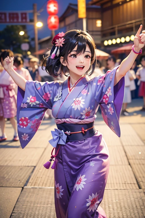 (Japan Bon Odori,最高masterpiece,Highest quality), Hot August,Bright vibrant anime art,People of all ages and genders dance and dance, Dancing in yukata,Laughing and dancing, Showing white teeth,Men and women dance in a circle, masterpiece,Highest quality,High resolution,