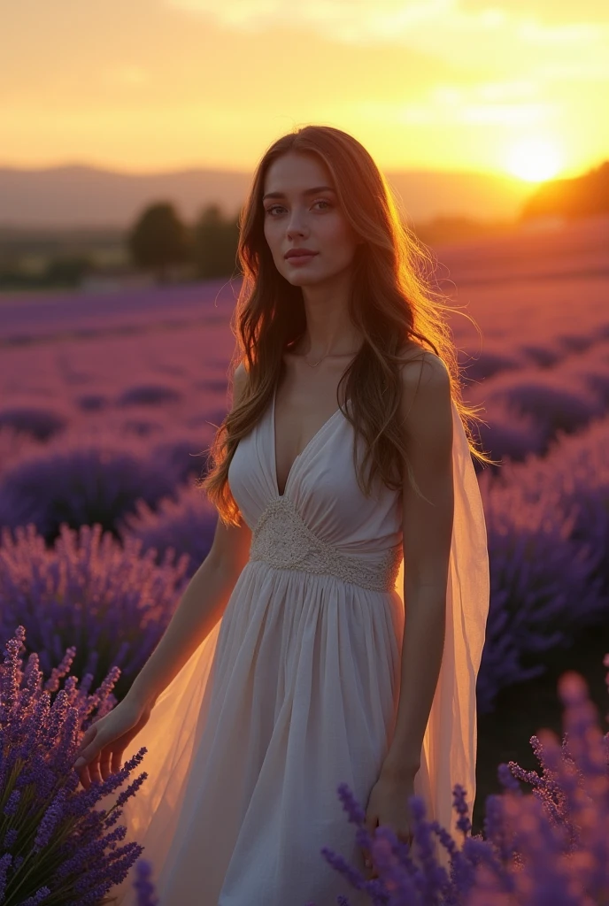 Picture the Mona Lisa, reimagined as a living figure, walking gracefully through the endless lavender fields of Provence, France. Her enigmatic smile remains, but her attire now includes a light, flowing gown that billows in the breeze. The purple blooms stretch as far as the eye can see, their fragrance filling the air. Behind her, the golden light of a setting sun paints the sky in warm hues, blending perfectly with the calm and mystery she embodies.