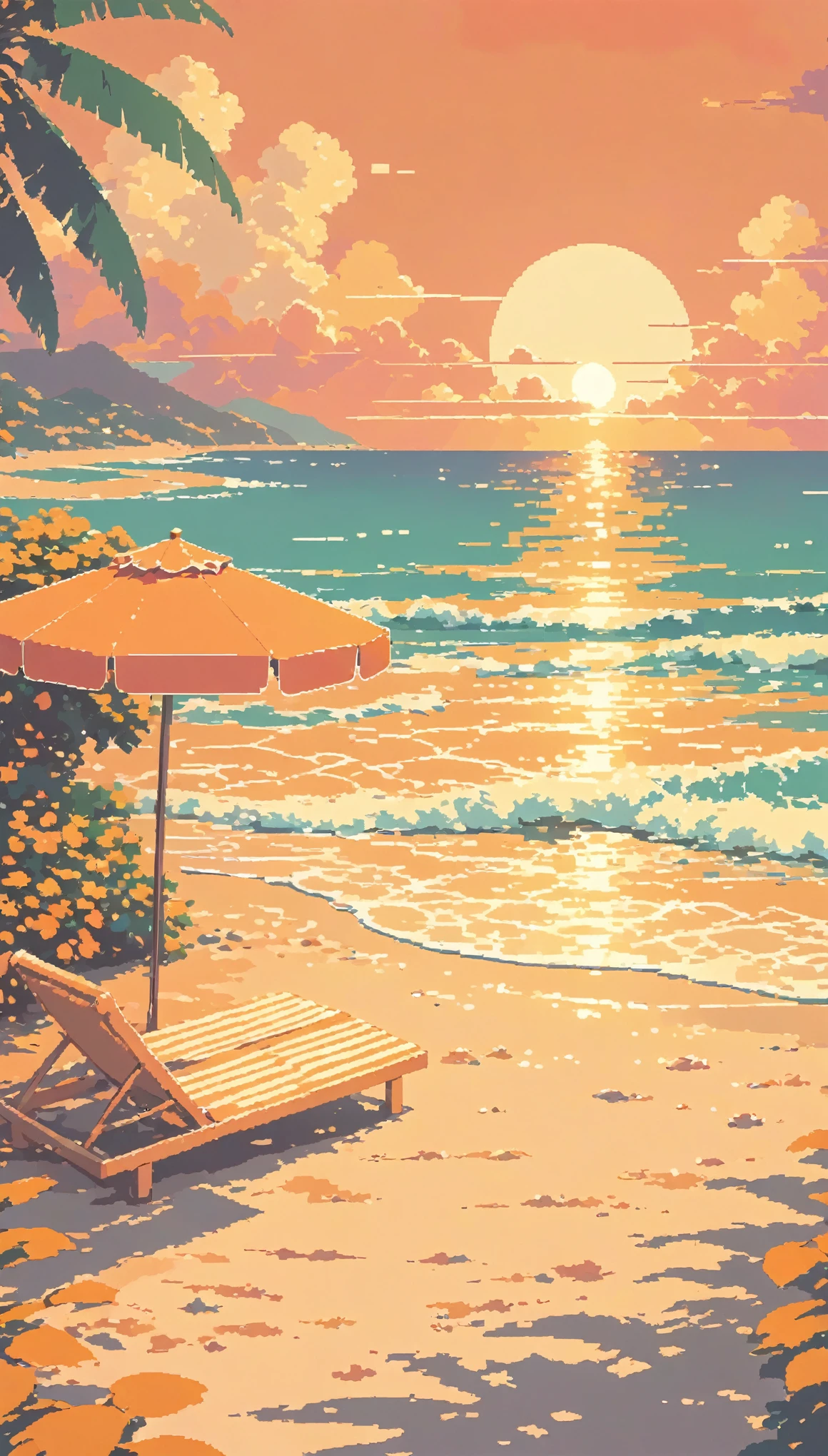 lofi pixel, No people ,Cozy,Orange Pink ,beach
