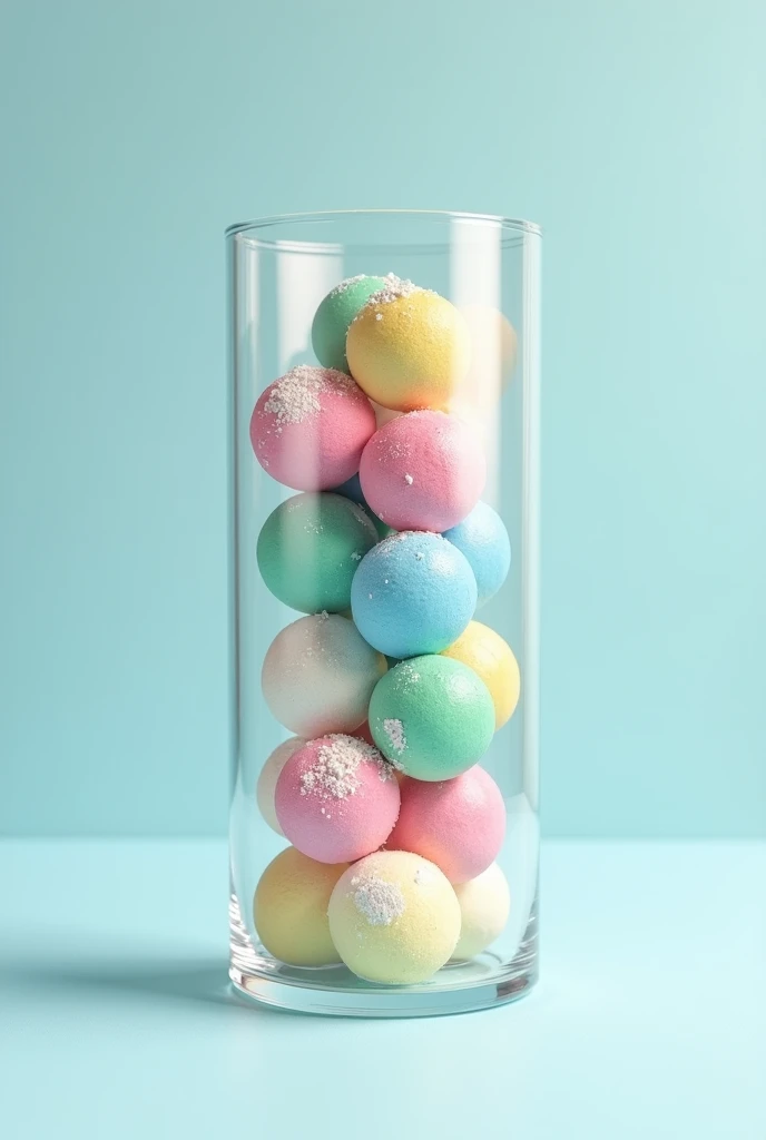 many milk balls with color blue, pink, green, yellow in tall glasses jar, HD, transparent background, with many white milk powder on the milk balls , just one tall glass jar, and the milk balls its made of flour