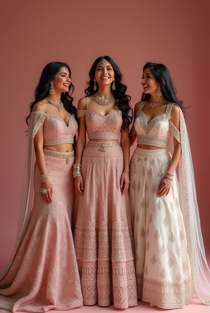 create 3 posters that i can post at the very beginning of an instagram page named” Bridal Rentals Exclusive” featuring premium rental outfits worn by indian brides . need in a pink background . the entire image should feel luxury. the brides are laughing