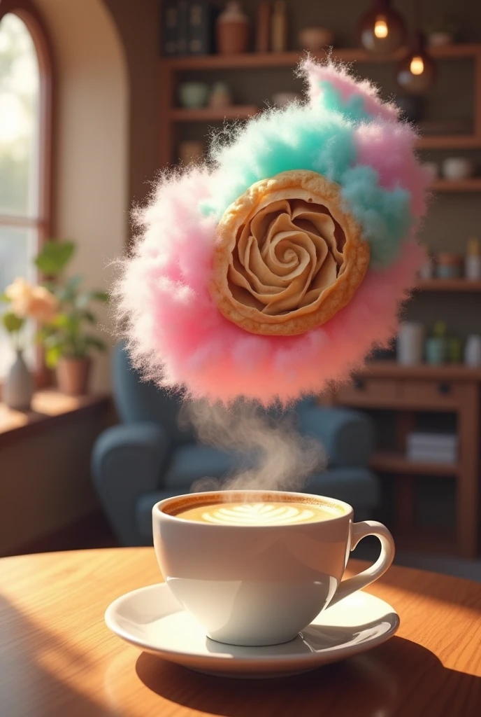 Cotton candy burrito flying in coffe