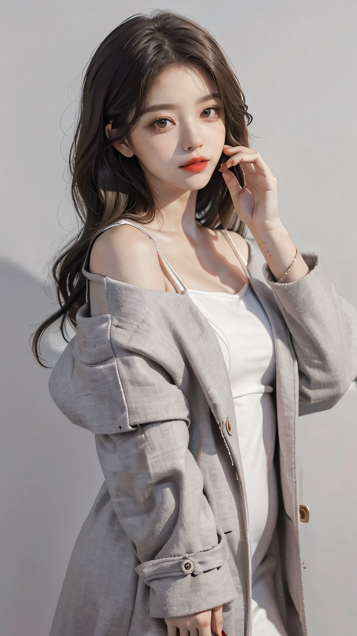Girl wearing, luxury lavender coat, shoulder length hair, wavy hair, glowing skin, star in eye, red lips, grey  background, cute poses 