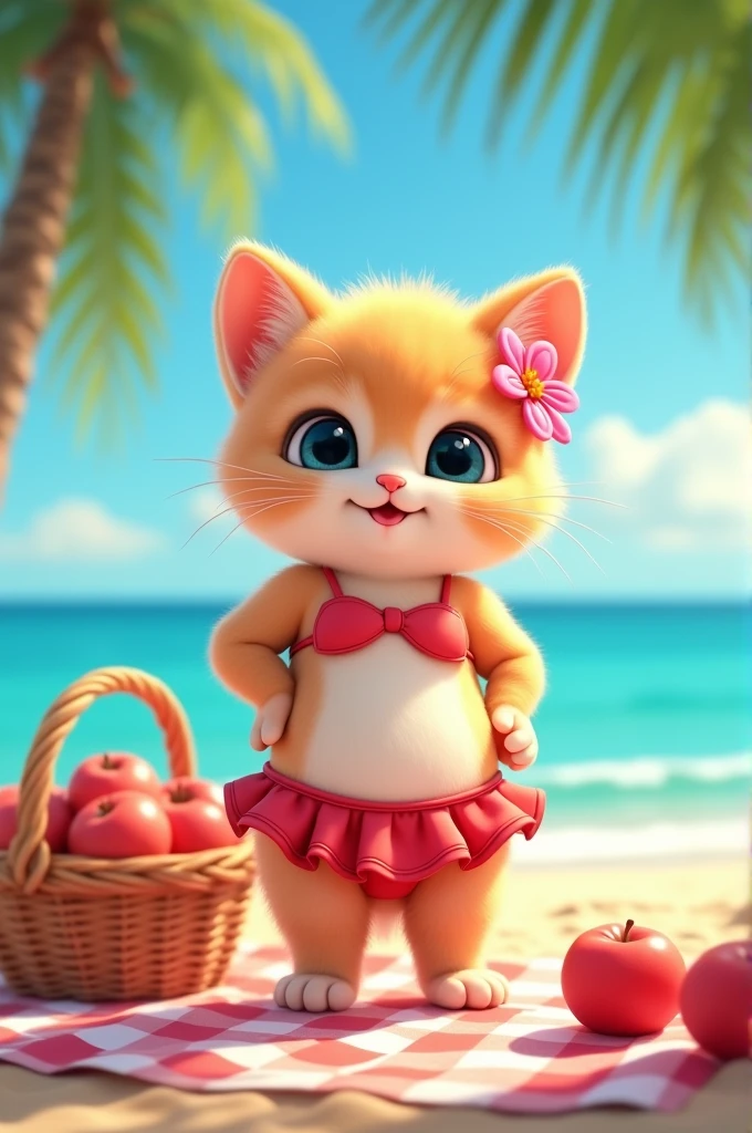 "Create a highly detailed and adorable scene featuring a cute, chubby kitten with large, round eyes and fluffy fur. The kitten is wearing a small, red bikini with a skirt, standing confidently on a beach. It has a pink flower tucked behind one of its ears. The background should include a picturesque beach with clear blue skies, palm trees, and a calm ocean. A picnic basket with apples is placed on a checkered blanket next to the kitten, adding a playful and summery vibe to the scene."
