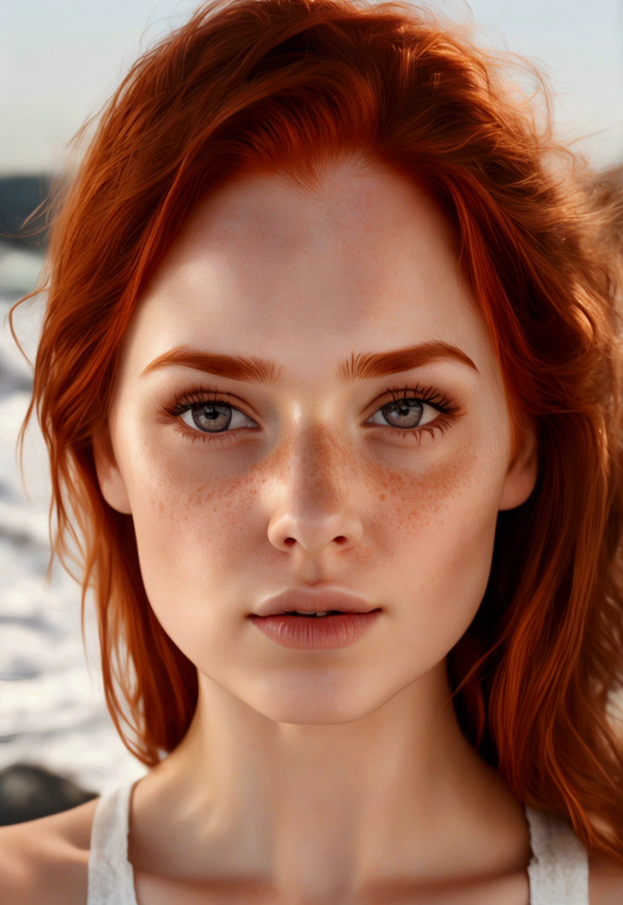 Young redhead woman with faint freckles around her nose, very light and natural brown eyes, natural eyebrows with few marks, thick unoperated lips, natural but marked cheekbones, Best Quality, extremely realistic