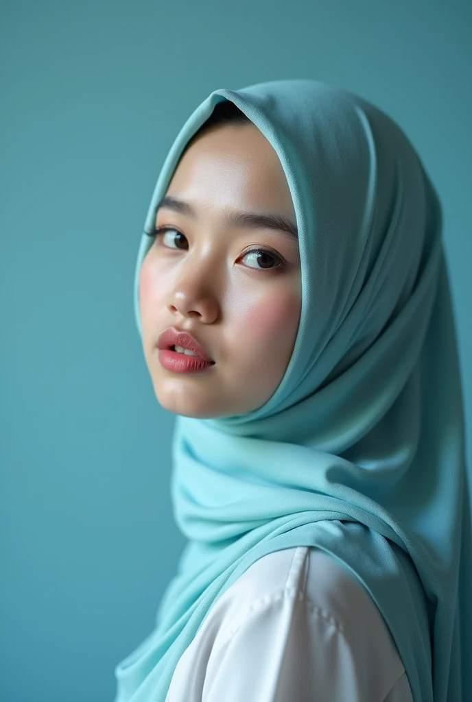 Half body portrait .Hijab girl in studio . Two light photography. Shoot by canon r1. Two soft light come from godox v1.. blue background. Pink lips. Hidung pesek. Dahi luas . Pakai selendang.