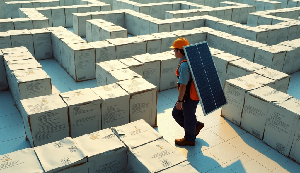 (Level4), Un labyrinthe avec des murs faits de formulaires CONSUEL et de documents ENEDIS. L'installateur, portant un panneau solaire qui dépasse de son dos, essaie de naviguer à travers ce labyrinthe.
