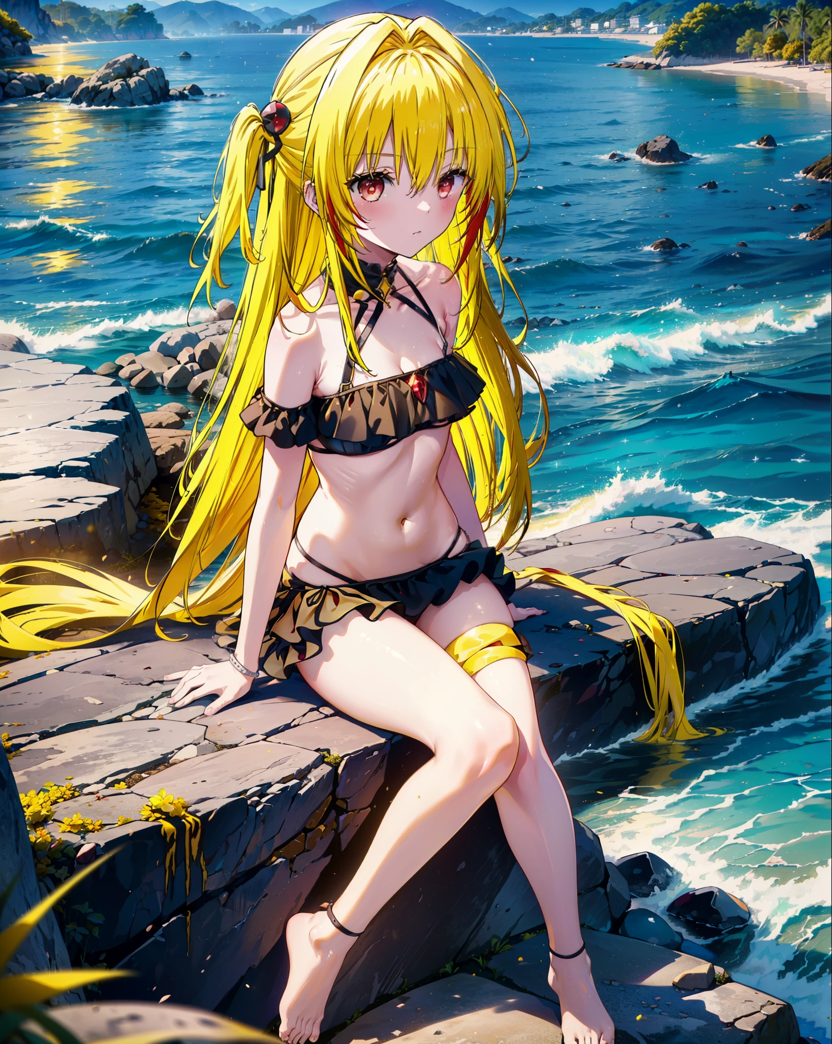 toloverumy, my, (Yellow Hair:1.5), Long Hair, (Red eyes:1.5), (hair ornaments:1.2), Both sides up, Black frilly bikini swimsuit,,barefoot,Sitting on a big rock,Rocky area,night,moonlight,meteor,whole bodyがイラストに入るように,
break outdoors, Beach,
break looking at viewer, whole body,
break (masterpiece:1.2), Highest quality, High resolution, unity 8k wallpaper, (figure:0.8), (Beautiful attention to detail:1.6), Highly detailed face, Perfect lighting, Highly detailed CG, (Perfect hands, Perfect Anatomy),