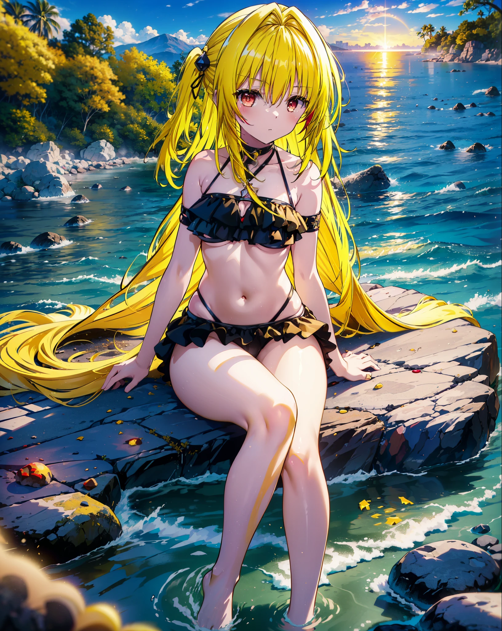 toloverumy, my, (Yellow Hair:1.5), Long Hair, (Red eyes:1.5), (hair ornaments:1.2), Both sides up, Black frilly bikini swimsuit,,barefoot,Sitting on a big rock,Rocky area,night,moonlight,meteor,whole bodyがイラストに入るように,
break outdoors, Beach,
break looking at viewer, whole body,
break (masterpiece:1.2), Highest quality, High resolution, unity 8k wallpaper, (figure:0.8), (Beautiful attention to detail:1.6), Highly detailed face, Perfect lighting, Highly detailed CG, (Perfect hands, Perfect Anatomy),