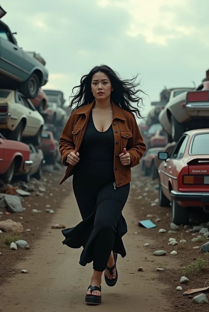 (photorealism:1.2), A curvy Asian woman, long wavy black hair, wearing jacket suede brown,wearing a long black dress, black sandals, is running in a dumping ground for used cars, there are piles of damaged cars, scrap, cloudy sky