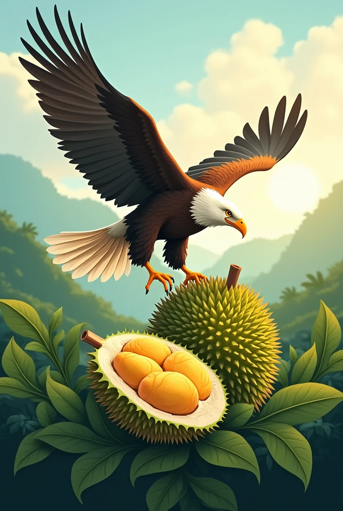 Logo for farming, with flying eagle, durian fruit
