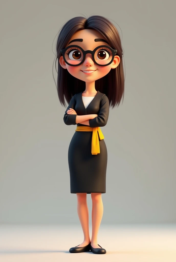 A full body 3D cartoon character. She has a friendly, charismatic appearance and is smiling. The character is a young woman with fair skin, straight dark brown hair, thick eyebrows, large brown eyes and wears glasses. His expression is neutral, with a calm and composed demeanor.

The character is dressed formally, wearing a black dress with a yellow sash at the waist.

She has her arms crossed. The background of the image is neutral, which highlights the character even more.