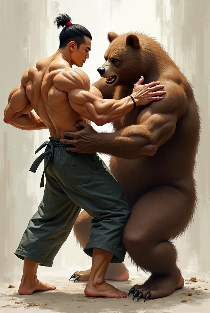 A Chinese abs man gives another Chinese strong bear