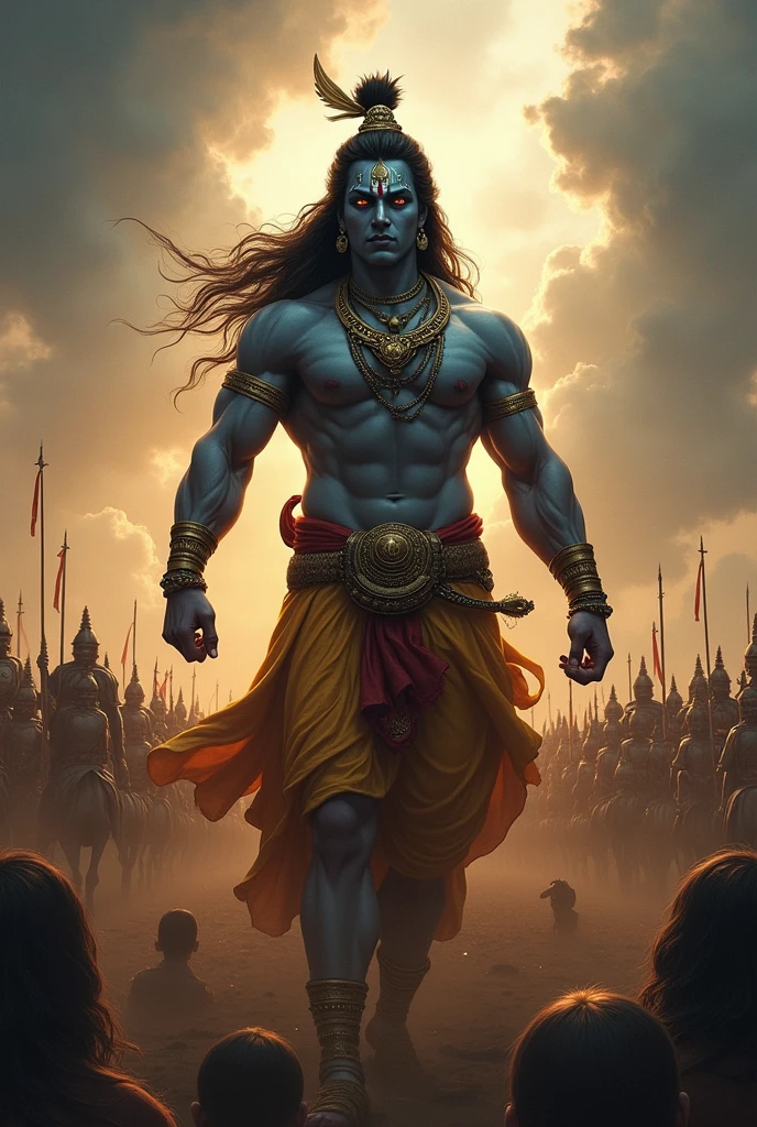 Lord Krishna in battle field warnigs kowravas with fierce look and masculine body