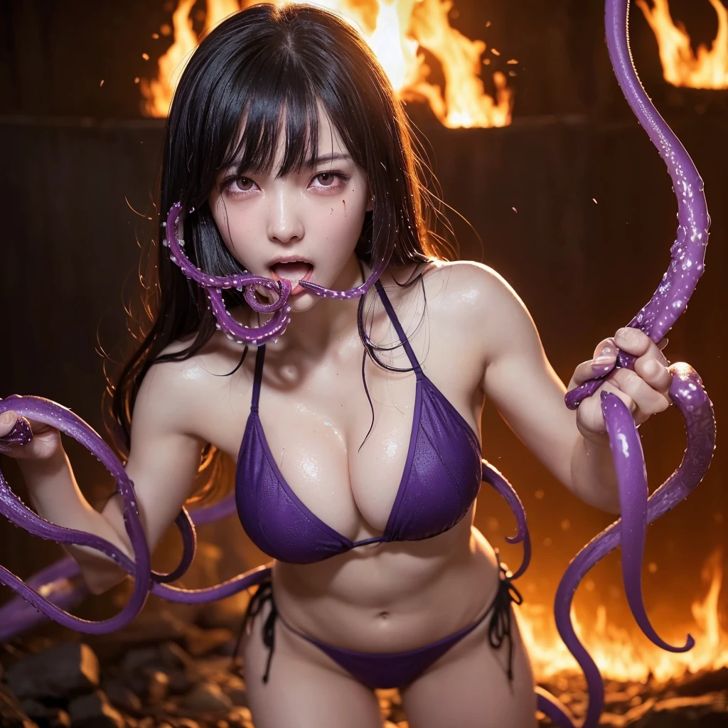 a very beautiful japanese girl, very cute high school girl assassin, detailed portrait of innocent 17-years-old virgin,((midnight, bedroom of the lord's manor)),(semi-nude, purple bikini armor:1.3),(a fighting stance, casting pose, emanating big flames from her hands:1.3),(she calls for aid, crying out in a loud manner, open mouth wide:1.3), (intense attacked by many thick slimy spider's tentacles, tentacles caress violently her breasts:1.3), (perfect body, cold sweat, body soaked in sweat), firm and elastic skin, lively faces, glowing lips, watery eyes, cute double eyelids and black eyes, tears streaming, cleavage, attractive thighs, glossy straight medium black hair, asymmetrical bangs, hair flutters, dark fantasy, photo-realistic, surreal, cinematic lighting, 32K, backlight, (bright light:1.2), (Improvement of quality:1.4), (Highest quality realistic textured skin:1.4),detailed eyes, detailed face, detailed hand,(Enhances the beauty of skin texture:1.1)