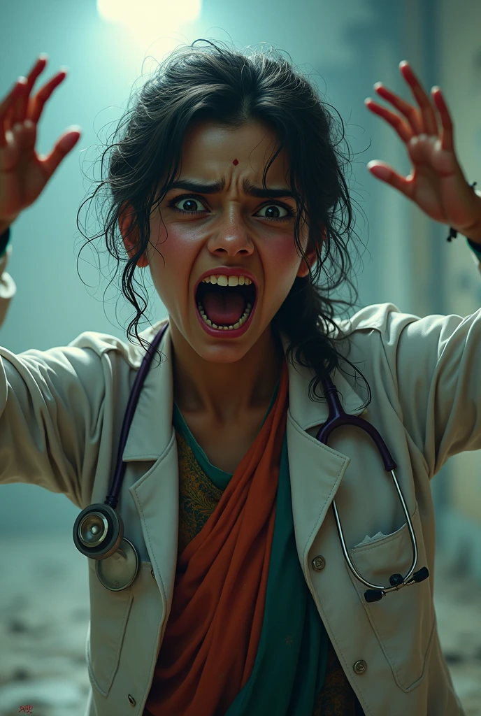 A doctor girls scared and shocked with dark circles messy hair in air and dirty clothes alot and shouting more scared and Bengali more scared wearing a indian suit and doctors coat a little dark