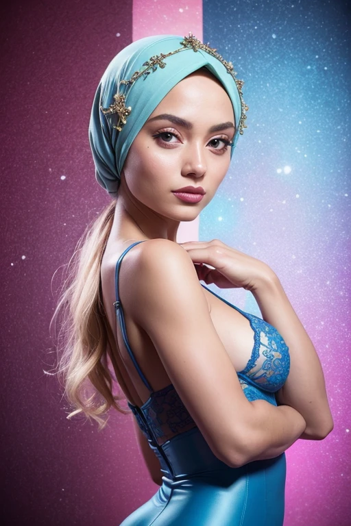 Hijab colorful, sexy attire, thin, teen model bridesmaid, thin body, skin tight, full body lingerie dress, perfect body, (big breasts) standing pose, lingerie leg accessories, waist accessories, arm accessories, face accessories, above top view, close up