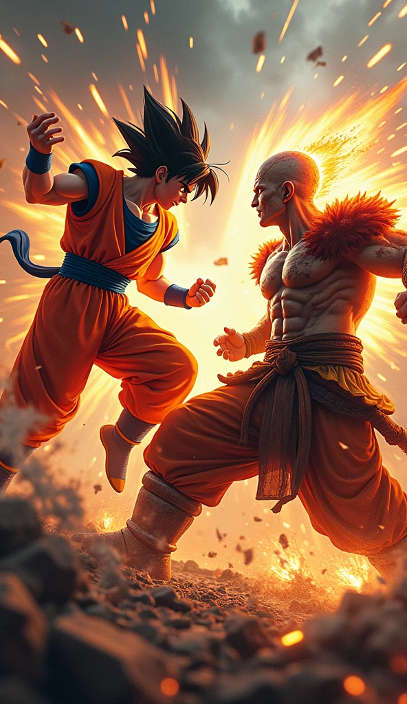 Son Goku and Kratos clash in an epic battle, each strike resonating with raw intensity. Goku, fueled by his unwavering spirit and dazzling energy, launches powerful attacks with a fierce determination. Kratos, embodying relentless fury and strength, counters with brute force and precision. Their combat is a dance of contrasting forces: Goku's radiant, dynamic moves versus Kratos' formidable, grounded strikes. Every blow and counter reflects their deep resolve, making this confrontation a breathtaking spectacle of power and passion.