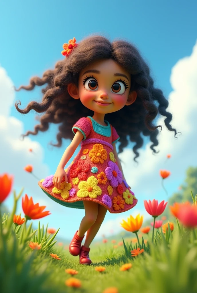 3D cartoon game scene, a girl with long curly hair she wear a frock in frock flowers made of colorful wool in the air with green grass and blue sky background, inspired in the style of Pixar animation with exaggerated shapes and bright colors, Knitted yarn texture. exaggerated movements, clean background, artstation trending, high resolution.