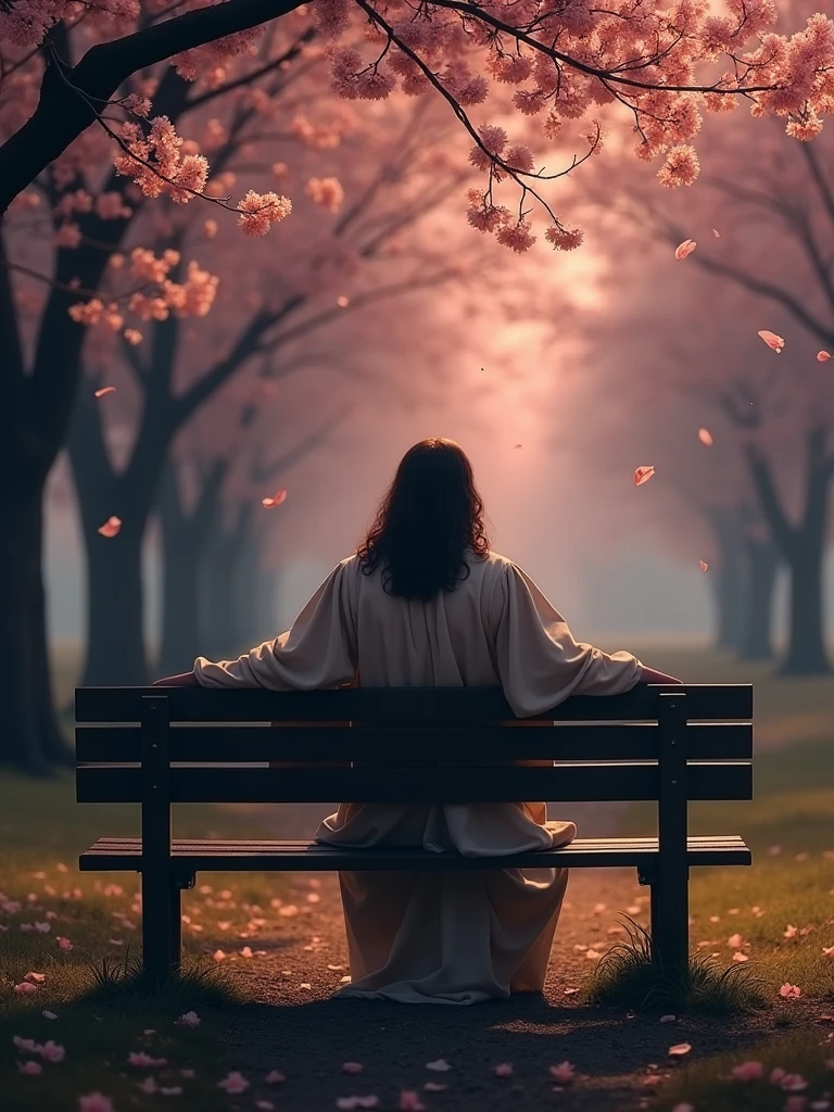 Create a realistic image of Jesus sitting on a park bench designed for two people. Jesus should be positioned with his back to the viewer, at a 45-degree angle, with detailed focus on his robes and hair. The scene should evoke a sense of suspense, featuring a landscape with cherry blossom trees and cherry blossom petals falling from the sky amidst the twilight. The overall atmosphere should be mysterious and intriguing, with dim, diffuse lighting and a subtle mist to enhance the sense of suspense."