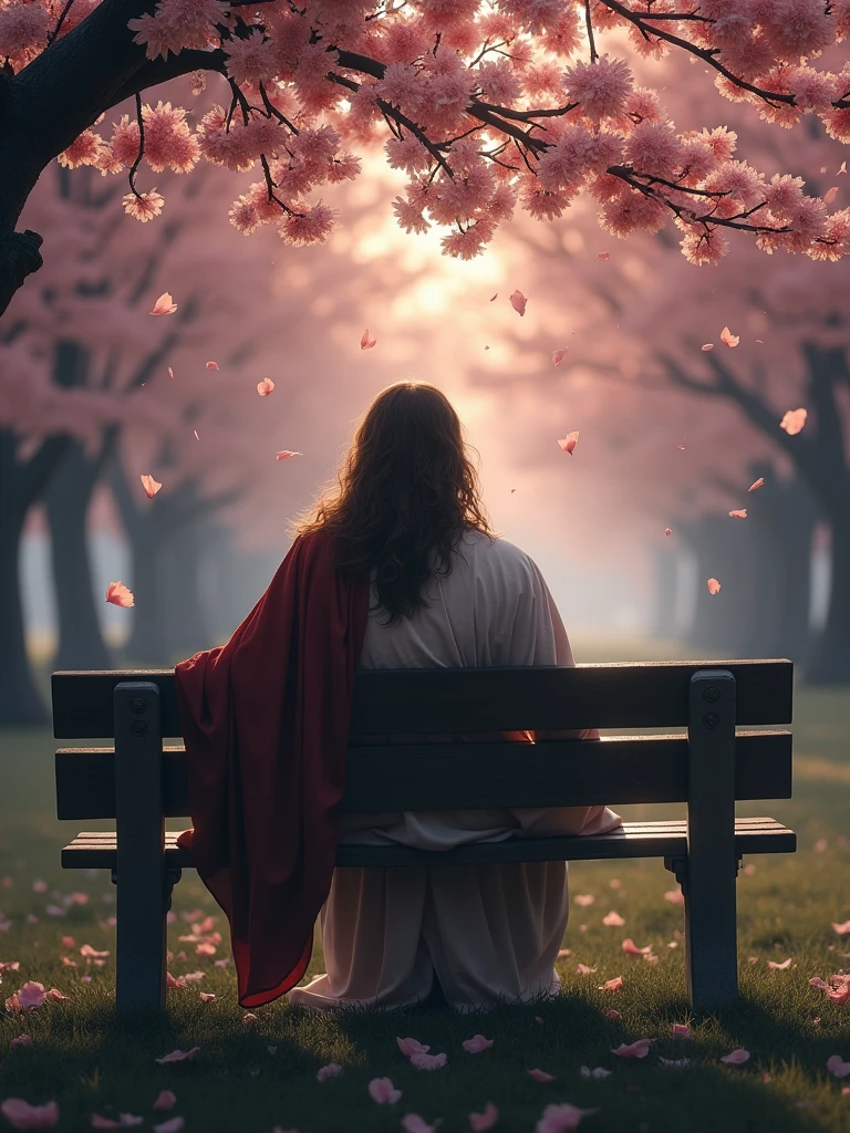 Create a realistic image of Jesus sitting on a park bench designed for two people. Jesus should be positioned with his back to the viewer, at a 45-degree angle, with detailed focus on his robes and hair. The scene should evoke a sense of suspense, featuring a landscape with cherry blossom trees and cherry blossom petals falling from the sky amidst the twilight. The overall atmosphere should be mysterious and intriguing, with dim, diffuse lighting and a subtle mist to enhance the sense of suspense."