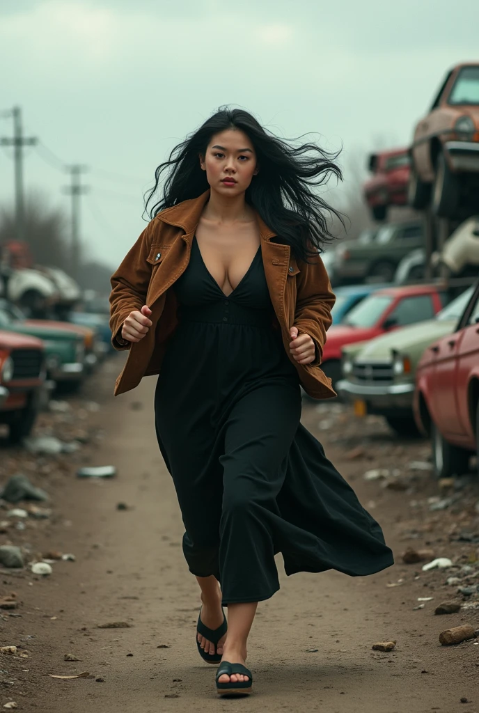 (photorealism:1.2), A curvy Asian woman, long wavy black hair, wearing jacket suede brown,wearing a long black dress, black sandals, is running in a dumping ground for used cars, there are piles of damaged cars, scrap, cloudy sky