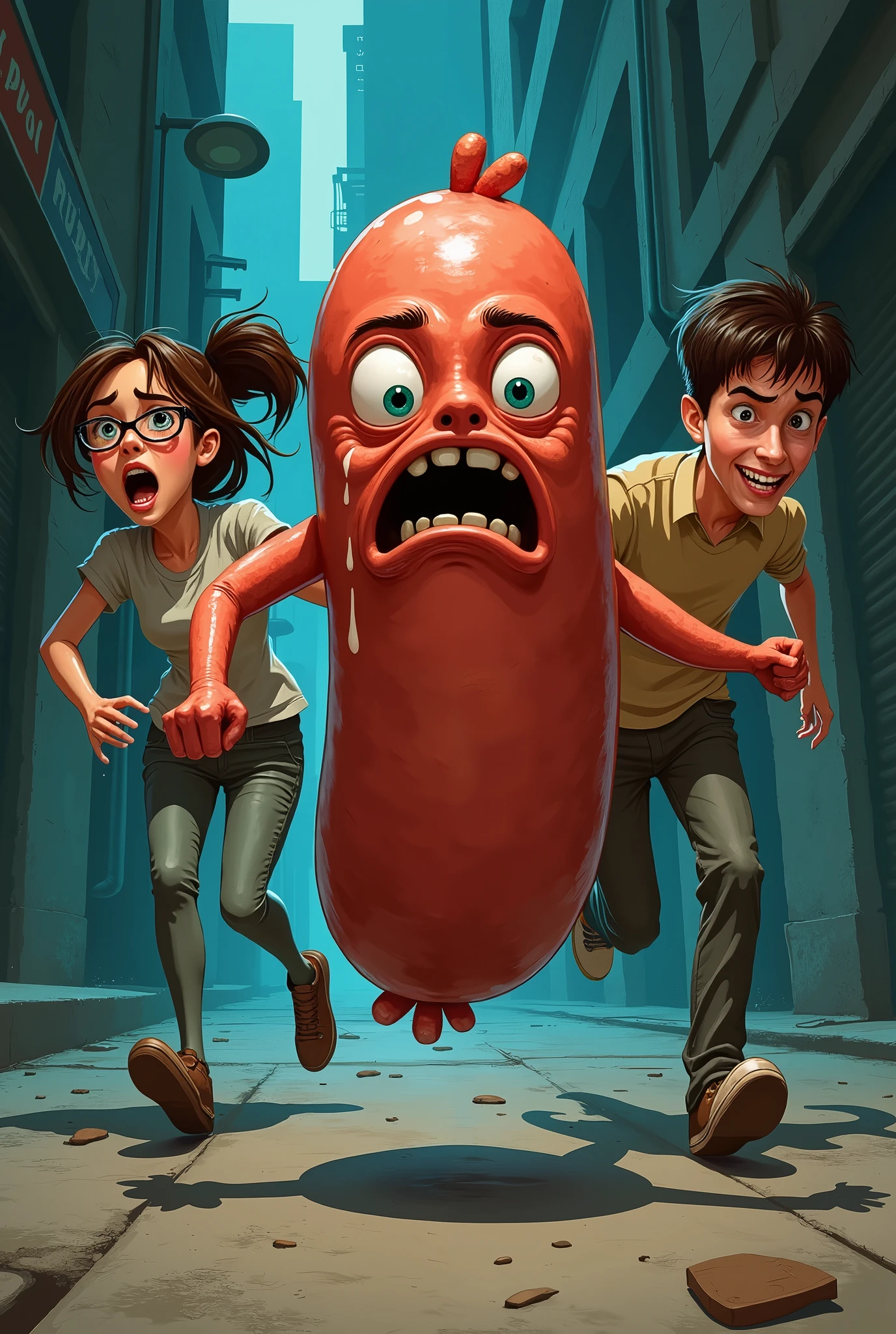 Saucisson sec ( avec visage effrayé) qui se fait poursuivre par deux adolescent (une fille brune avec des lunettes et un garçon brun)