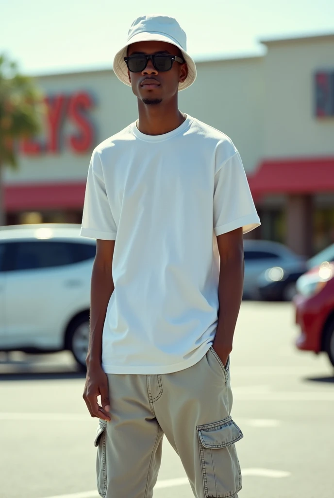 best qualityer:1.4), (ultra high resolution:1.2), (photorrealistic:1.4), (8k, CRU photo:1.2), a thin young man of 20 years old, skin black, with a smooth, beardless face, corte de cabelo buzzcut. He is wearing a white shirt and light denim cargo pants.. This one in white Nike sneakers. He is wearing a white bucket hat. He is wearing black rectangular sunglasses. It's in a shopping mall parking lot. thin build. 1,75cm tall. It's sunny. thin build. is looking at the camera