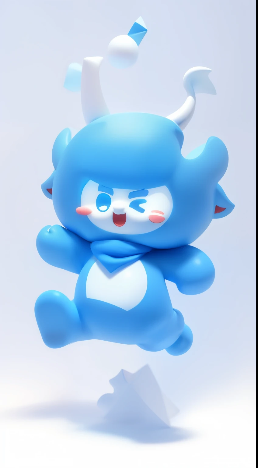 A cute blue cartoon mascot, blue and white color scheme, white face, two horns on the head, wearing a triangular scarf, smiling with open mouth, jumping in the air, simple background, white background, character design surreal, full body, red face, small eyes, 3D effect, clear outline light, edge light, spotlight, 8k