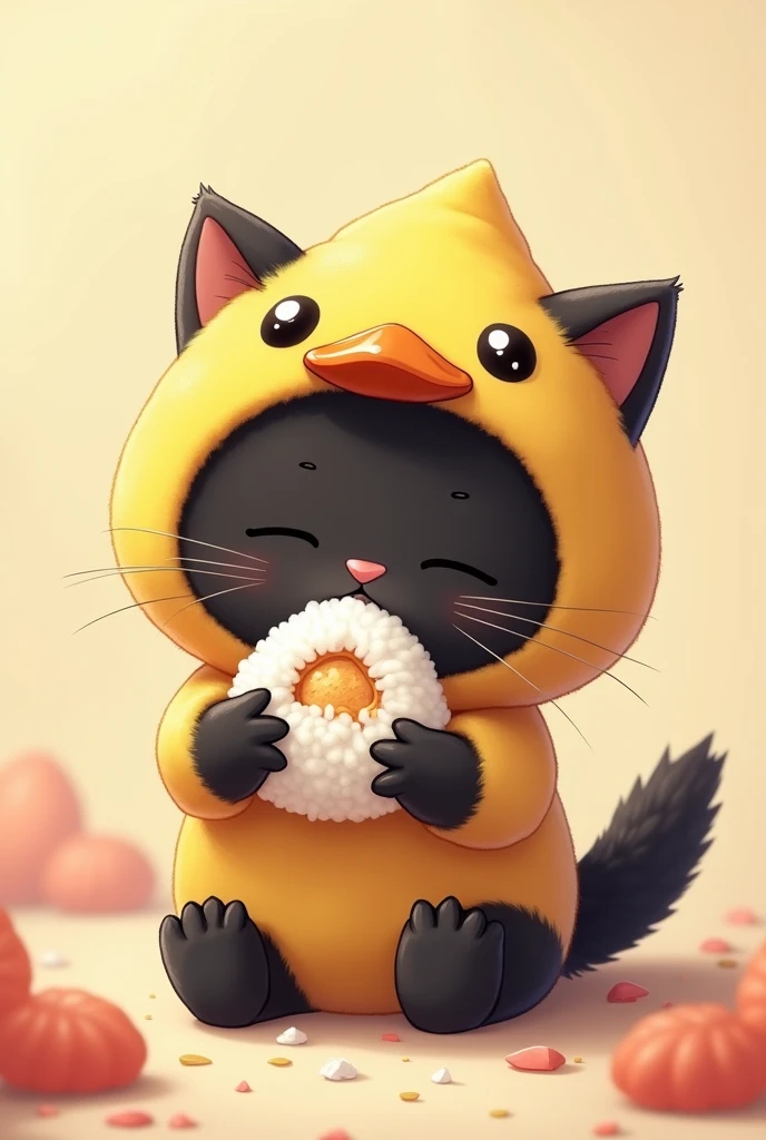 British Shorthair，Anime Touch，Baby Cat，Black cat，Cat in a duck costume、Eating a sandwich、おにぎり食べています