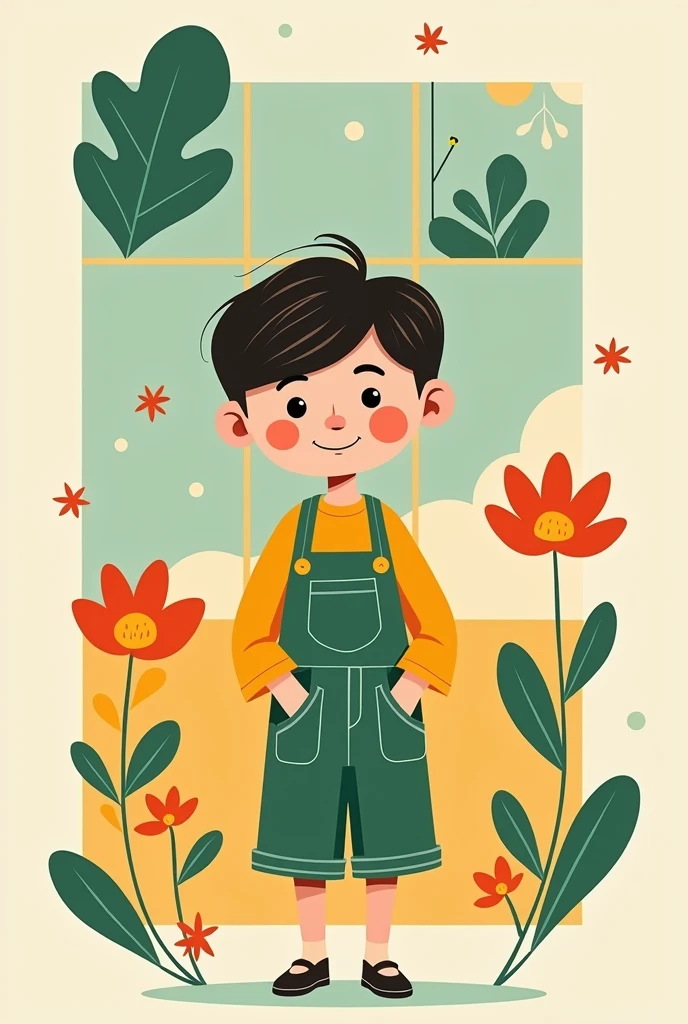 Victor Nai's style, beautiful details,simple,modern,advanced,cute,Color blocking,flowers,Orange,light green,grid,line,illustration,vigor,pixar