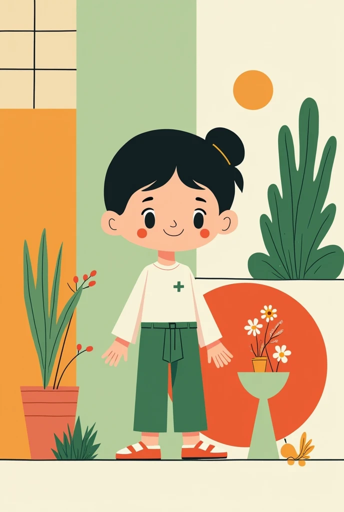 Victor Nai&#39;s style, beautiful details，simple，modern，advanced，cute，Color blocking，flowers，Orange，light green，grid，line，illustration，vigor，pixar