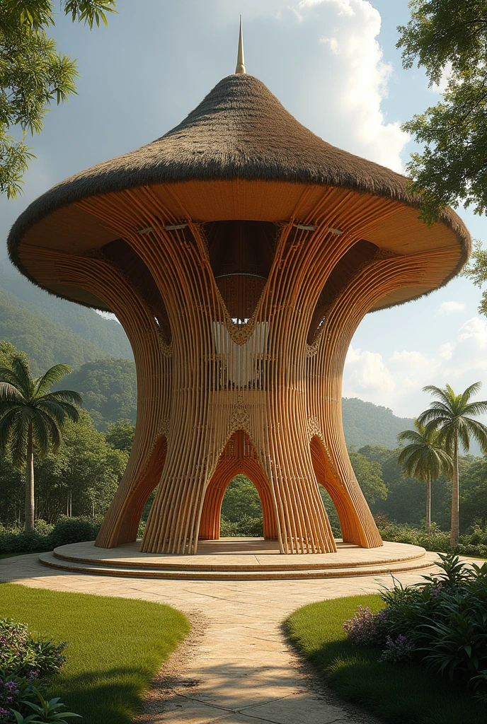Biggest single pavilion thatched by cogon roof and philippine "amakan" with numerous curved bamboo structure
