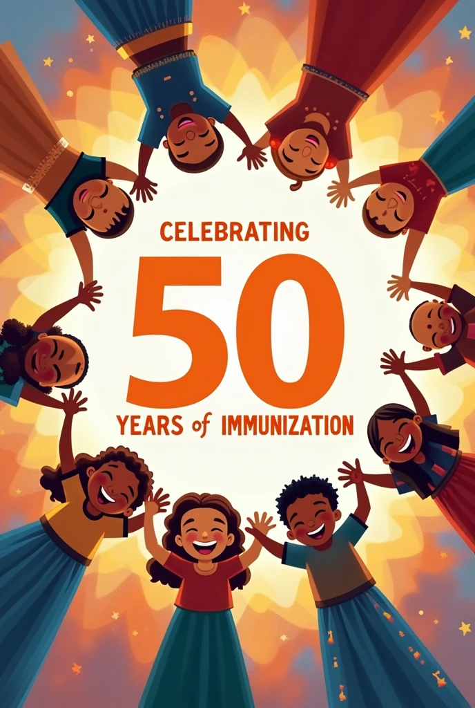 A pic which demonstrate "50 years of celebrating immunization " and include childrens having vaccine joining hands together making globe sign.
There should be clearly mentioned " celebrating 50 year of immunization " add vibrant colour in 50 years