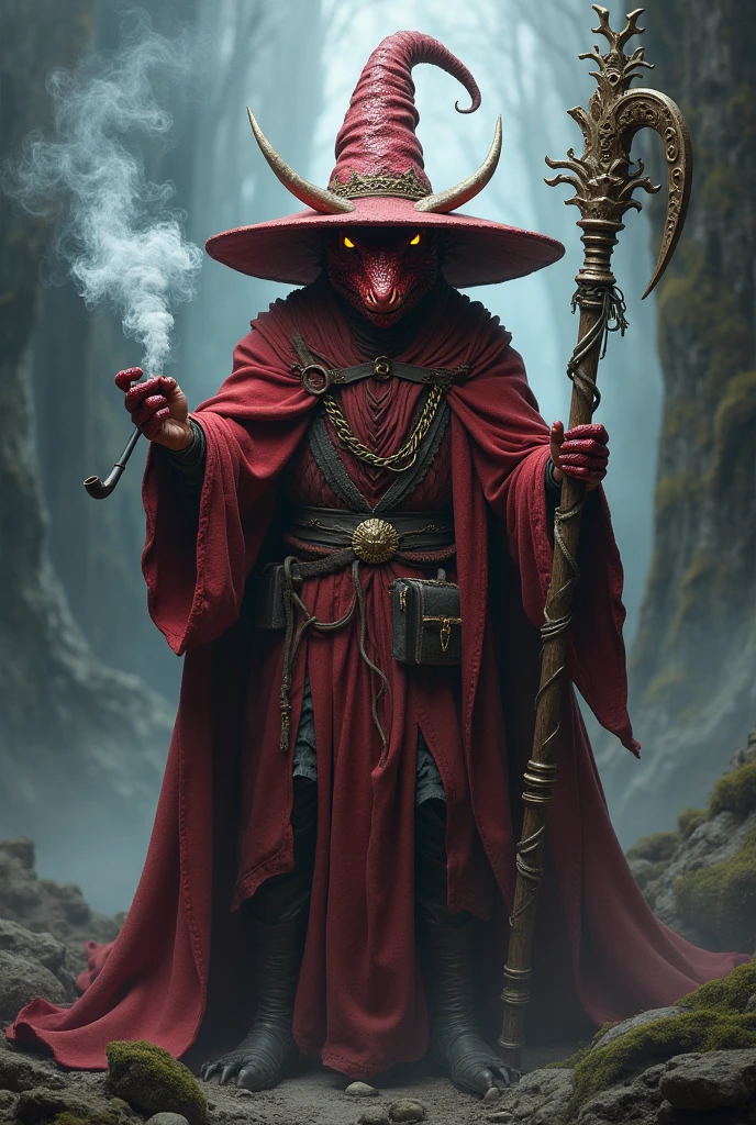 Red dragonborn with a wizard's hat smoking