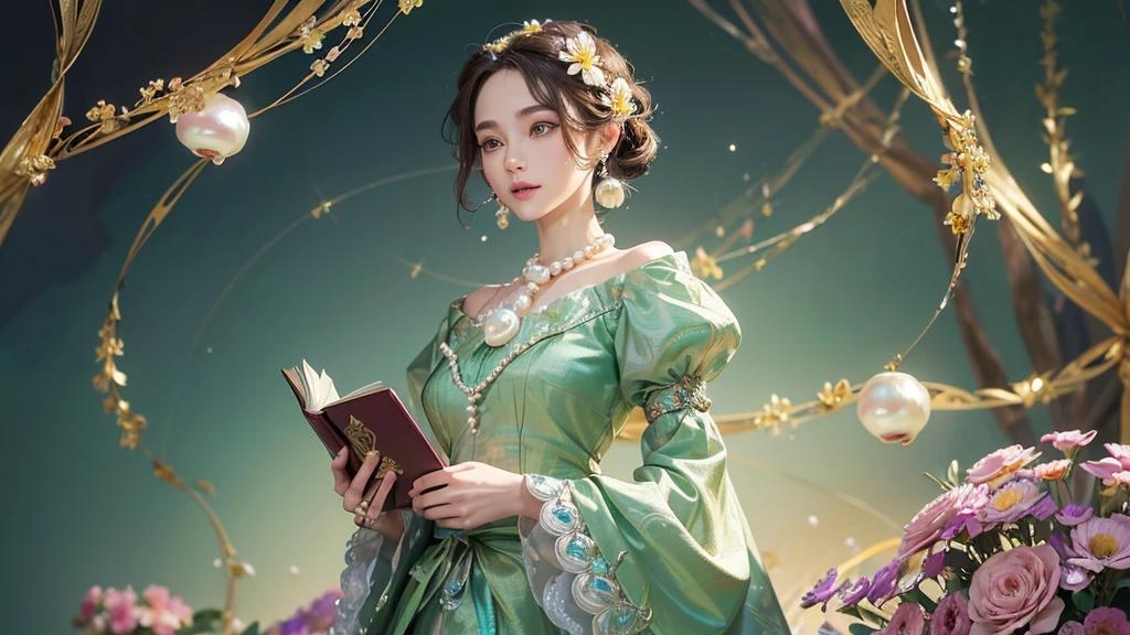 32K, 最高quality, 最高masterpiece, (ultra-Detailed Background, Detailed Background), High resolution, Super detailed, Very detailedな, 1 personの, (bouquet:1.3), (Tangled:1.2), (Geometric:1.2),(colorful),(masterpiece, quality, best quality, Official Art, Beautiful and beautiful:1.2), (1 person:1.3), Very detailed,(colorful:1.1)(Flowers:1.3),Most detailed,(Tangled:1.2), whole body, (Abstract background:1.3), (Skin glows), (Many colors:1.4), ,(Earrings Pearl:1.5), Light green background, It's imaginative., Brunette Hair, Updo, Holding a book, Holding a pen, Satin shirt