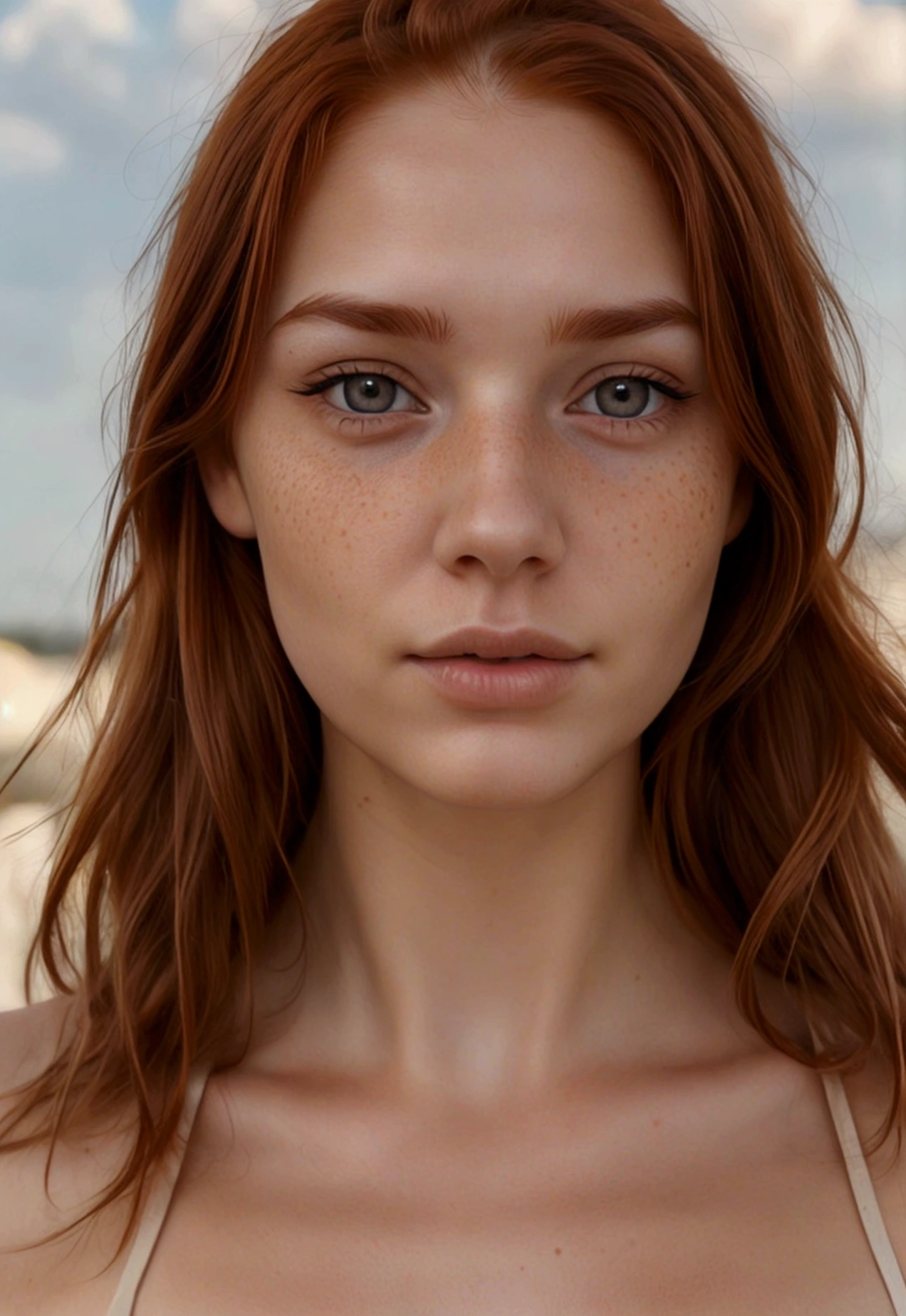 Young redhead woman with faint freckles around her nose, very light and natural brown eyes, natural eyebrows with few marks, thick unoperated lips, natural but marked cheekbones, Best Quality, extremely realistic